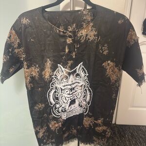 Black and Brown Bali Barong Indonesian Graphic button shirt